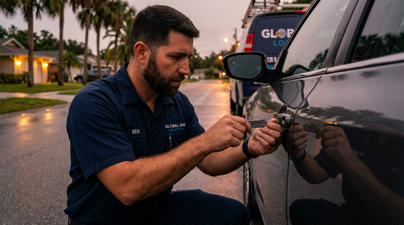 Ben Shifman performing automotive locksmith work on a car door